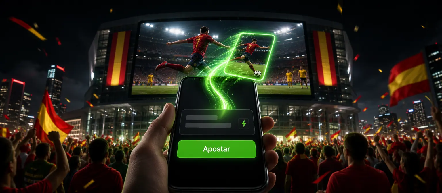 Una selección sale volando de la pantalla gigante de un estadio hacia el boleto de un móvil con el botón Apostar Una selección sale volando de la pantalla gigante de un estadio hacia el boleto de un móvil con el botón Apostar
