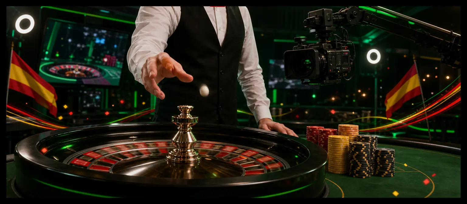 Estudio de casino en vivo: el crupier lanza la bola en la ruleta mientras una cámara de televisión en grúa graba la mesa Estudio de casino en vivo: el crupier lanza la bola en la ruleta mientras una cámara de televisión en grúa graba la mesa