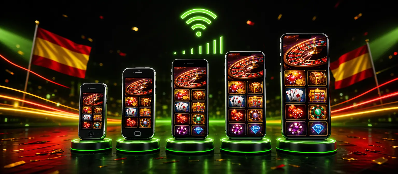 Cinco móviles de distintas generaciones sobre peanas iluminadas, del más antiguo al más moderno, todos con el mismo lobby de juegos Cinco móviles de distintas generaciones sobre peanas iluminadas, del más antiguo al más moderno, todos con el mismo lobby de juegos