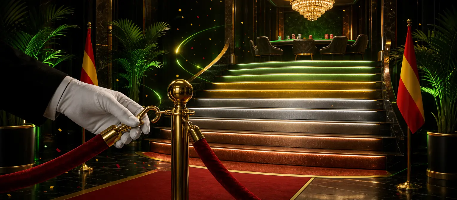 Mano que abre el cordón de terciopelo rojo de un salón VIP con una escalera de ocho peldaños iluminados del cobre al verde esmeralda Mano que abre el cordón de terciopelo rojo de un salón VIP con una escalera de ocho peldaños iluminados del cobre al verde esmeralda