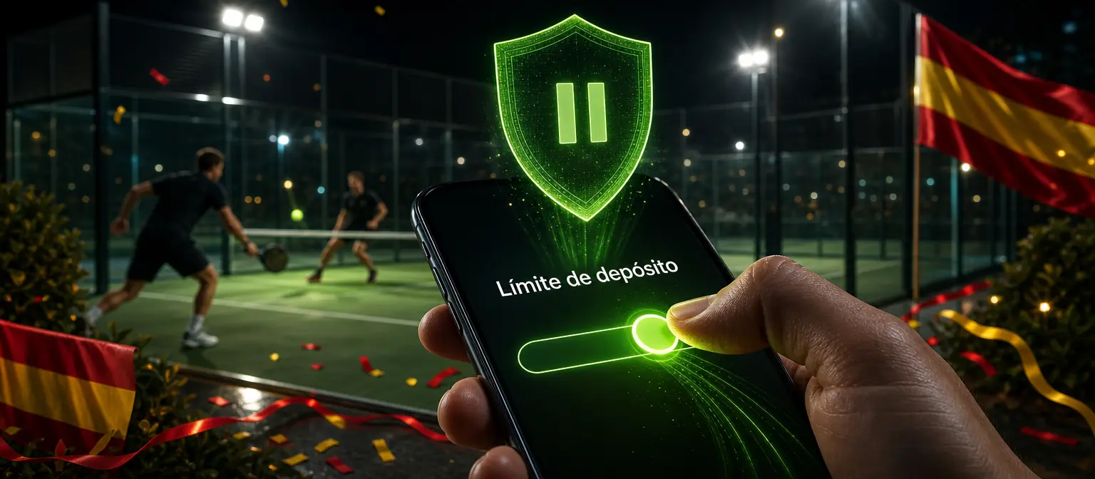 Pulgar que ajusta el límite de depósito en un móvil con un escudo verde luminoso, ante una pista de pádel iluminada Pulgar que ajusta el límite de depósito en un móvil con un escudo verde luminoso, ante una pista de pádel iluminada
