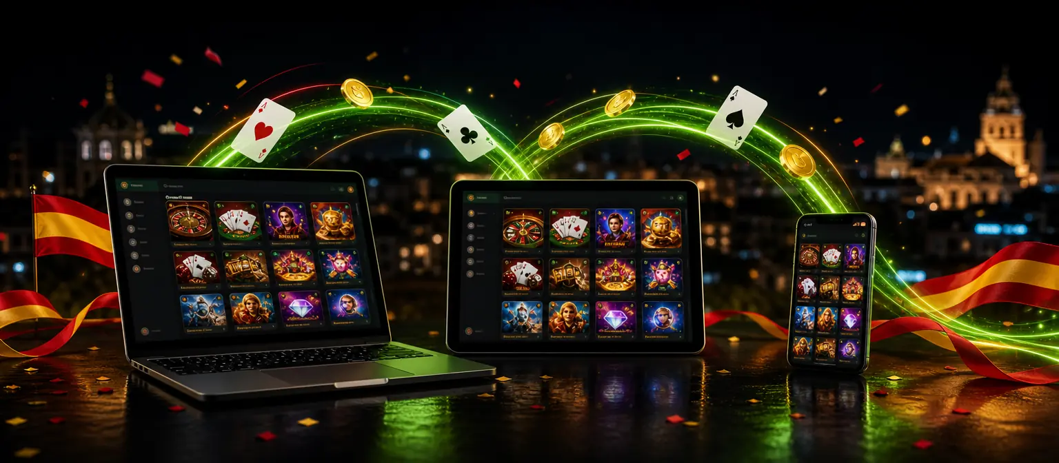Portátil, tableta y móvil con el mismo lobby de casino, unidos por arcos de luz verde por los que pasan monedas y cartas Portátil, tableta y móvil con el mismo lobby de casino, unidos por arcos de luz verde por los que pasan monedas y cartas