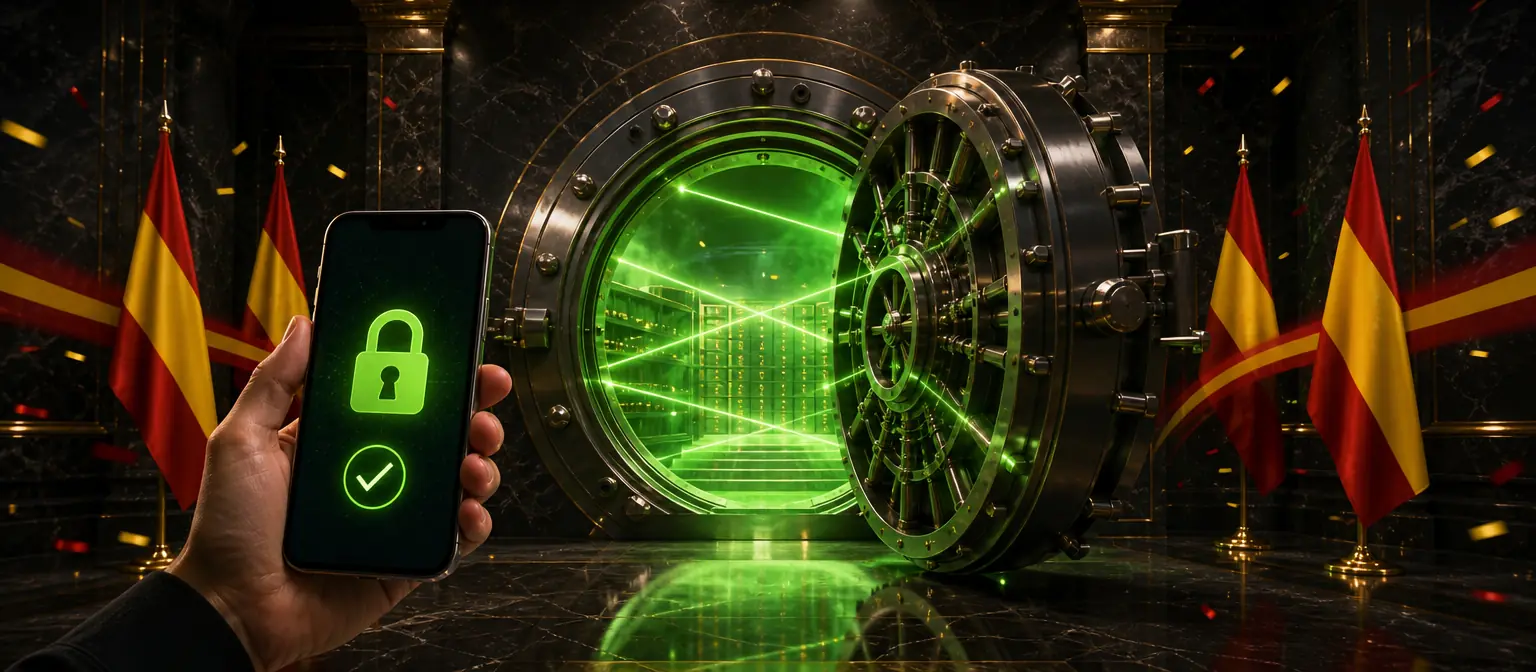 Mano con un móvil ante la puerta abierta de una cámara acorazada iluminada en verde, con un candado y una marca de verificación en la pantalla Mano con un móvil ante la puerta abierta de una cámara acorazada iluminada en verde, con un candado y una marca de verificación en la pantalla