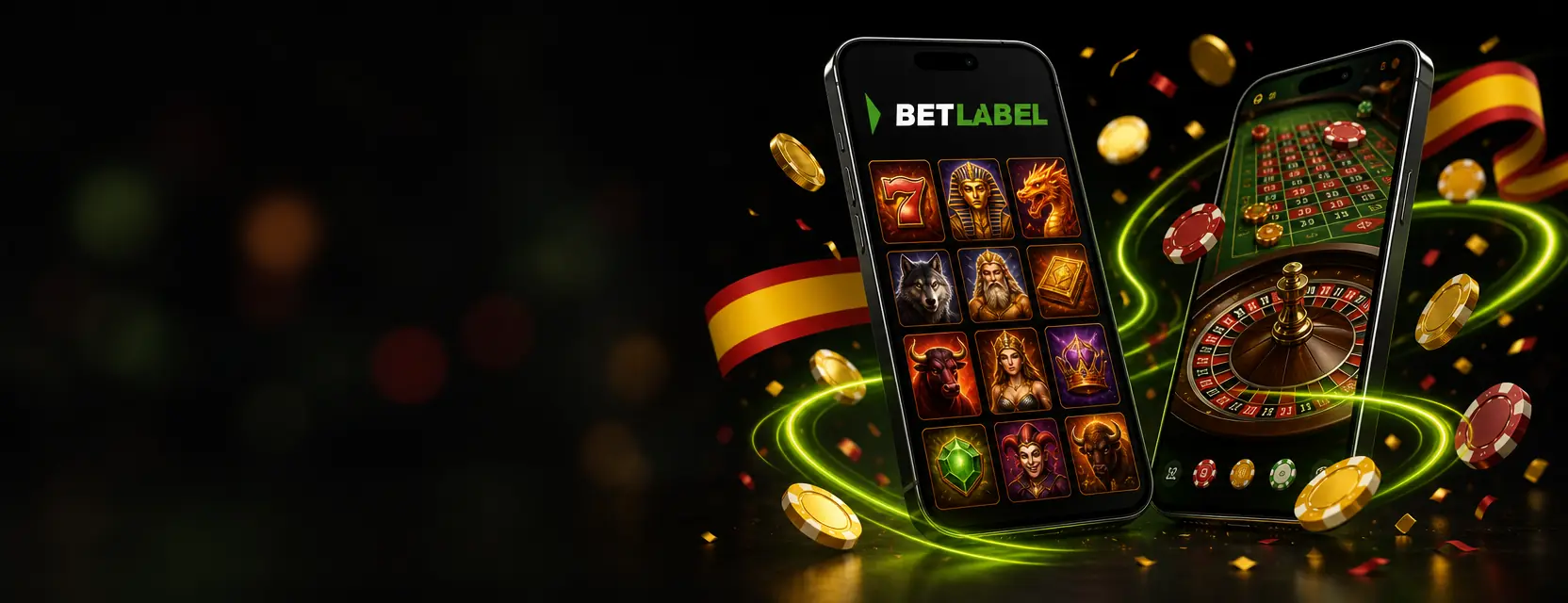 Dos móviles inclinados con la app de BetLabel Casino, mosaicos de slots y una ruleta en vivo, con monedas que saltan de las pantallas