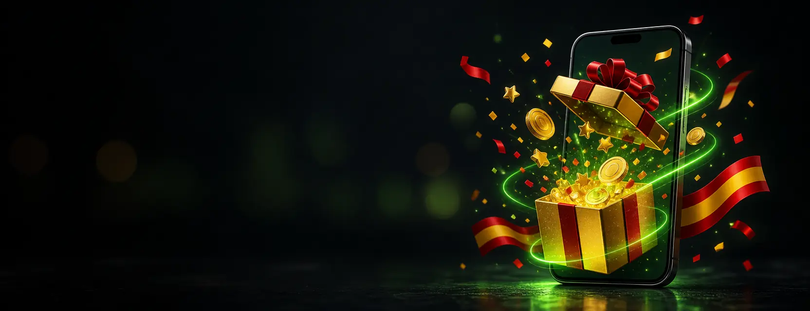 Móvil del que sale una caja regalo dorada que se abre con una explosión de monedas y confeti rojo y amarillo