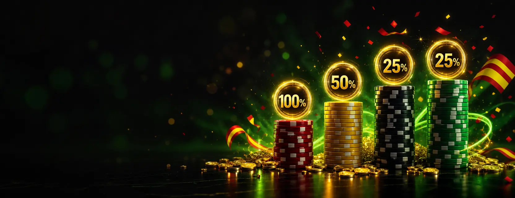 Cuatro torres de fichas de casino cada vez más altas con distintivos luminosos de 100%, 50%, 25% y 25%