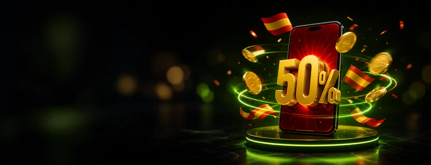 Móvil sobre un pedestal luminoso con un gran 50% dorado en la pantalla y monedas de oro girando a su alrededor