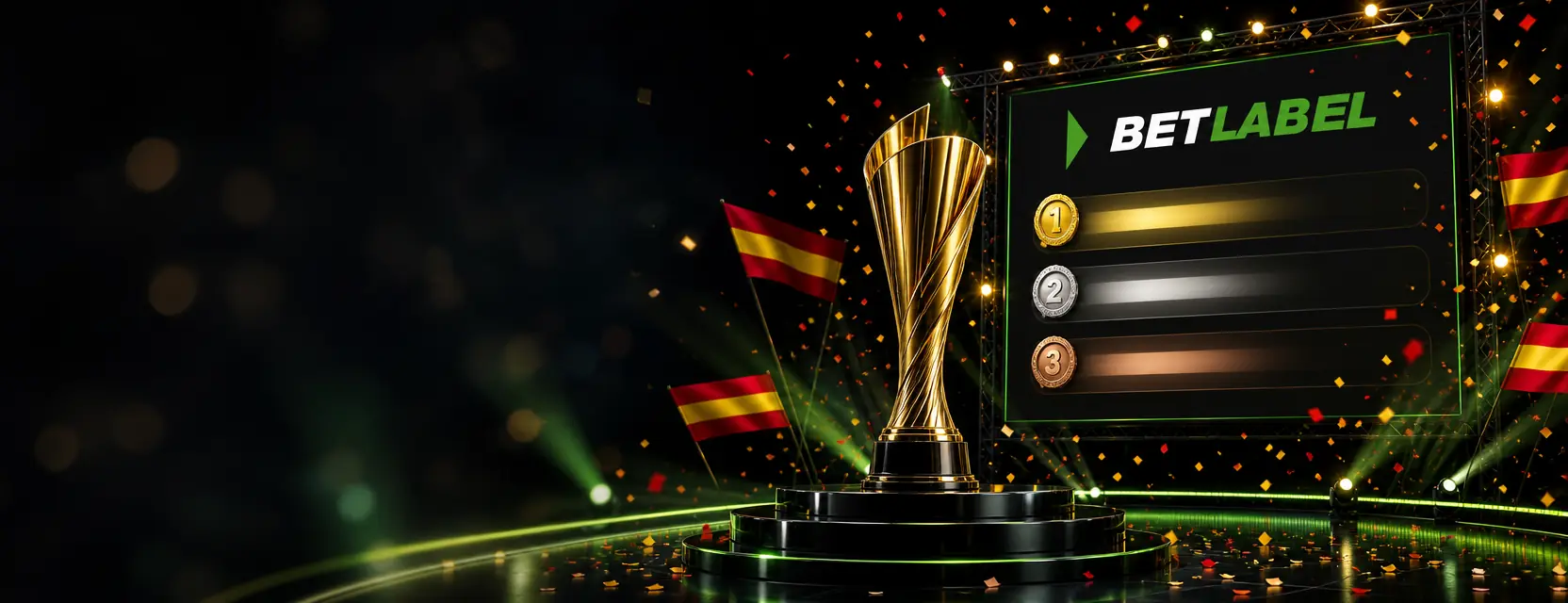 Trofeo dorado en un escenario ante una clasificación LED con el logotipo de BetLabel y medallas de oro, plata y bronce