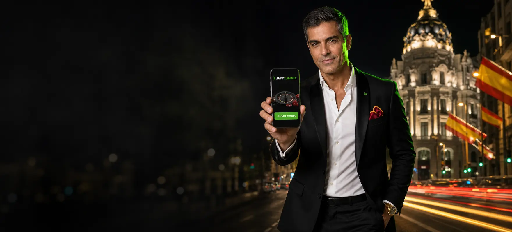 Hombre con esmoquin negro mostrando un móvil con la app de BetLabel en la Gran Vía de Madrid de noche, junto al edificio Metrópolis Hombre con esmoquin negro mostrando un móvil con la app de BetLabel en la Gran Vía de Madrid de noche, junto al edificio Metrópolis
