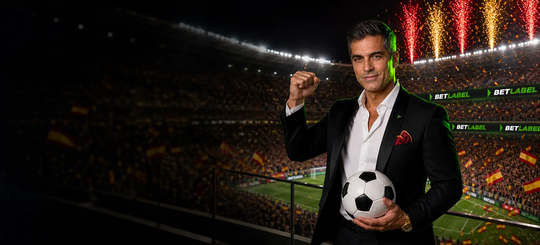 Hombre de pelo canoso con esmoquin negro celebrando un gol en el palco VIP de un estadio iluminado, con el logotipo de BetLabel en las pantallas LED Hombre de pelo canoso con esmoquin negro celebrando un gol en el palco VIP de un estadio iluminado, con el logotipo de BetLabel en las pantallas LED