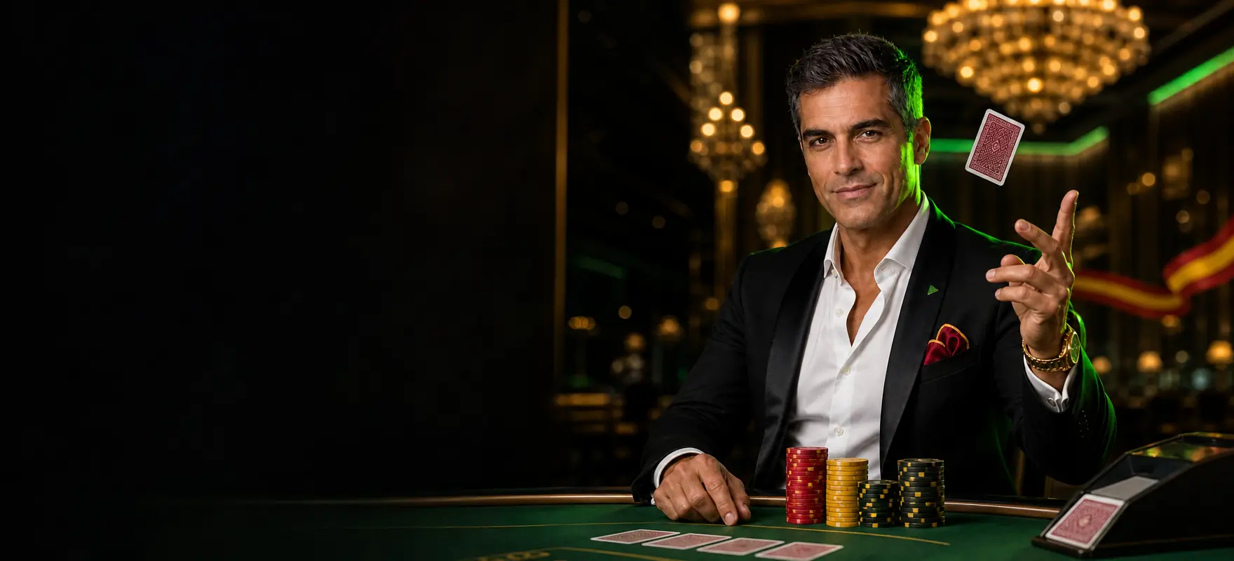 Hombre con esmoquin negro dando la vuelta a una carta en una mesa de bacarrá de un salón de casino de lujo Hombre con esmoquin negro dando la vuelta a una carta en una mesa de bacarrá de un salón de casino de lujo
