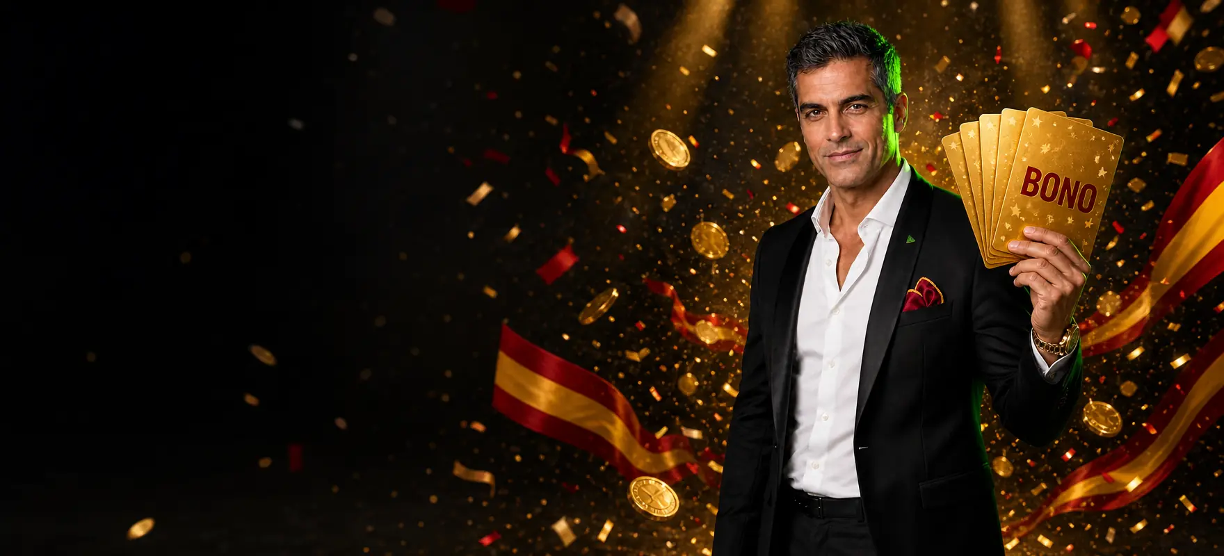 Hombre con esmoquin negro abriendo en abanico unas cartas doradas gigantes, la primera con la palabra BONO, entre confeti rojo y amarillo Hombre con esmoquin negro abriendo en abanico unas cartas doradas gigantes, la primera con la palabra BONO, entre confeti rojo y amarillo